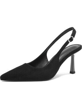 Women's Black Suede Pointed Toe Kitten Stiletto Heel Buckle Strap Comfortable